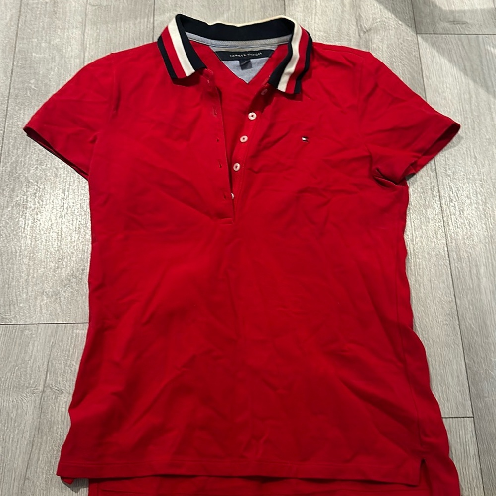 Women’s red Tommy Hilfiger striped collared Polo. Worn but great condition.